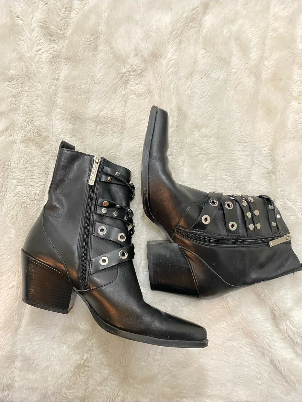 Zara Black Leather Studded Ankle Boots with Buckle Straps Size 8.5 (39)